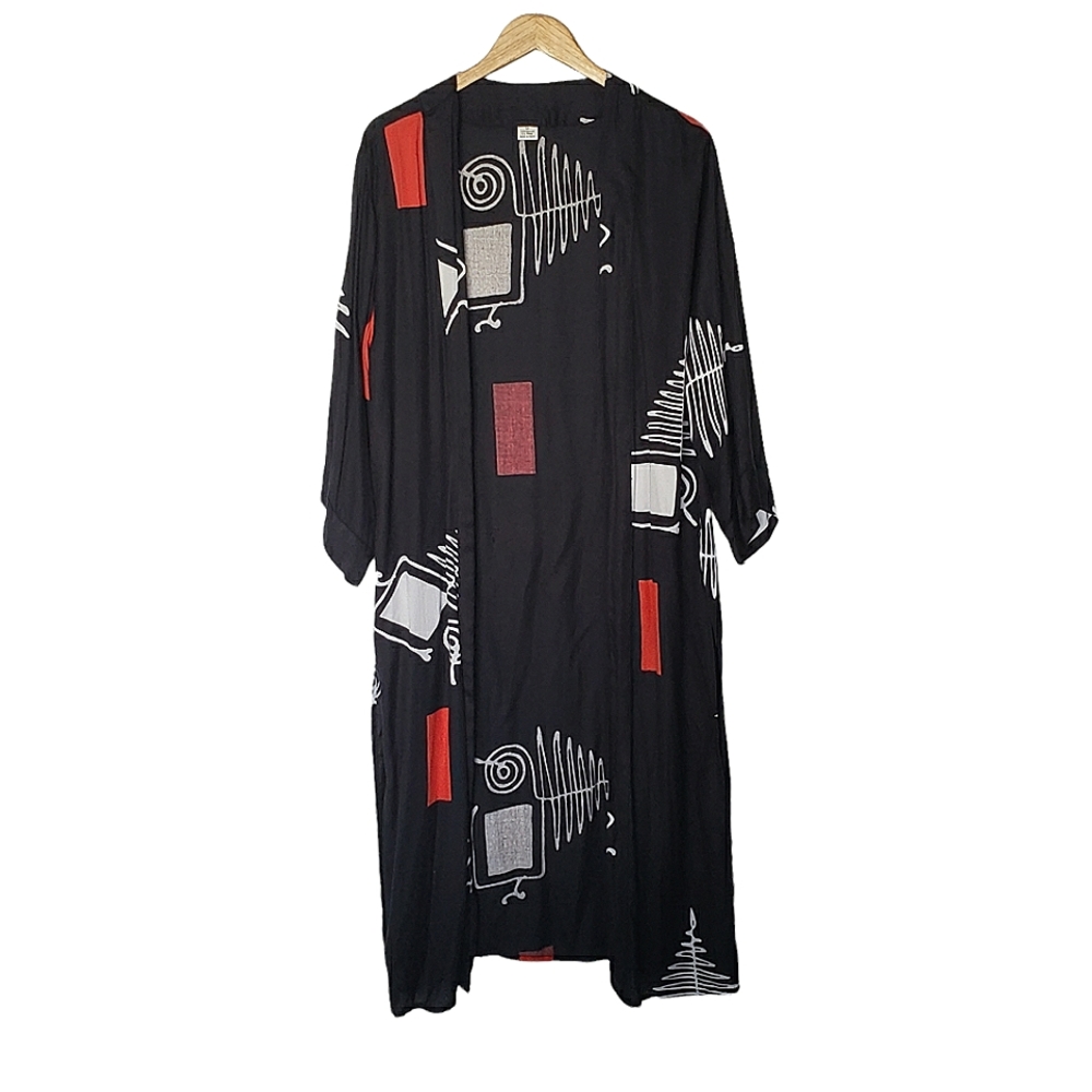 Cardigan Open Front Long‎ Black Red White Abstract Print Lightweight One Size